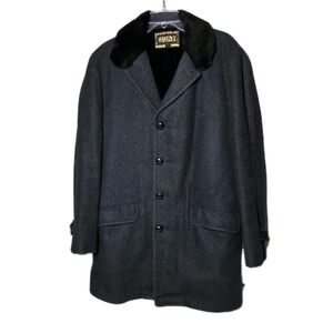 Vintage 60s BRENT Black Wool Coat Faux Fur Collar 42 Leather Buttons